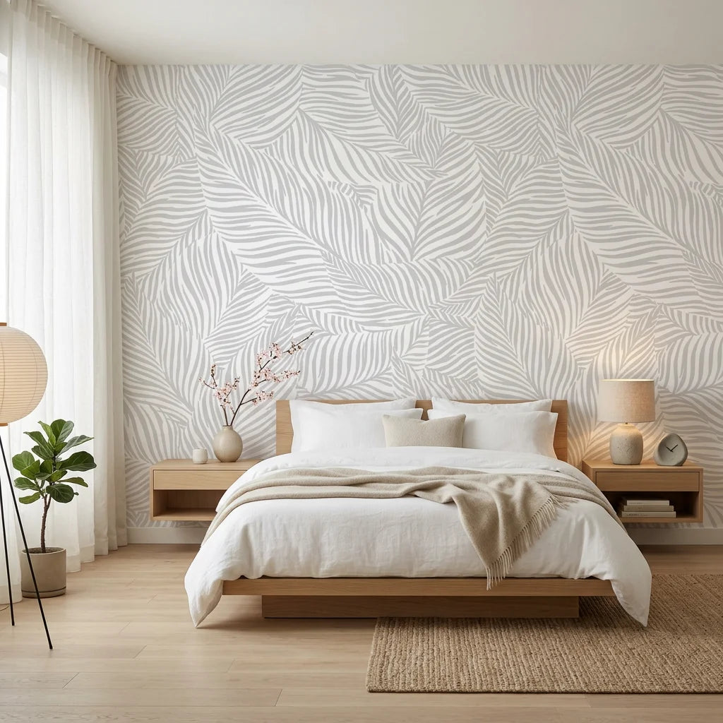 Ghost Fronds pale palm wallpaper adding character to a cozy bedroom