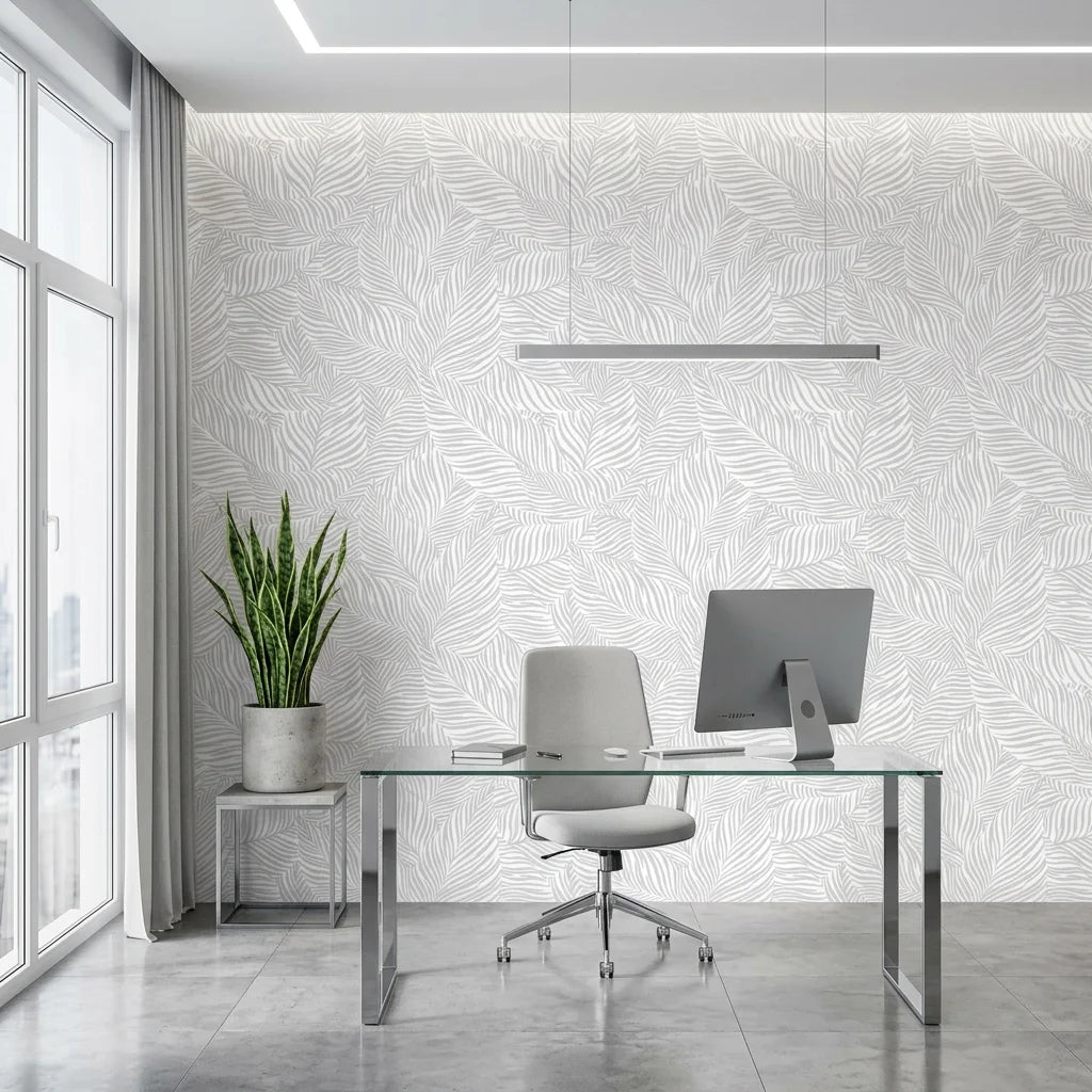 Ghost Fronds pale palm wallpaper as a feature wall in a bright home office