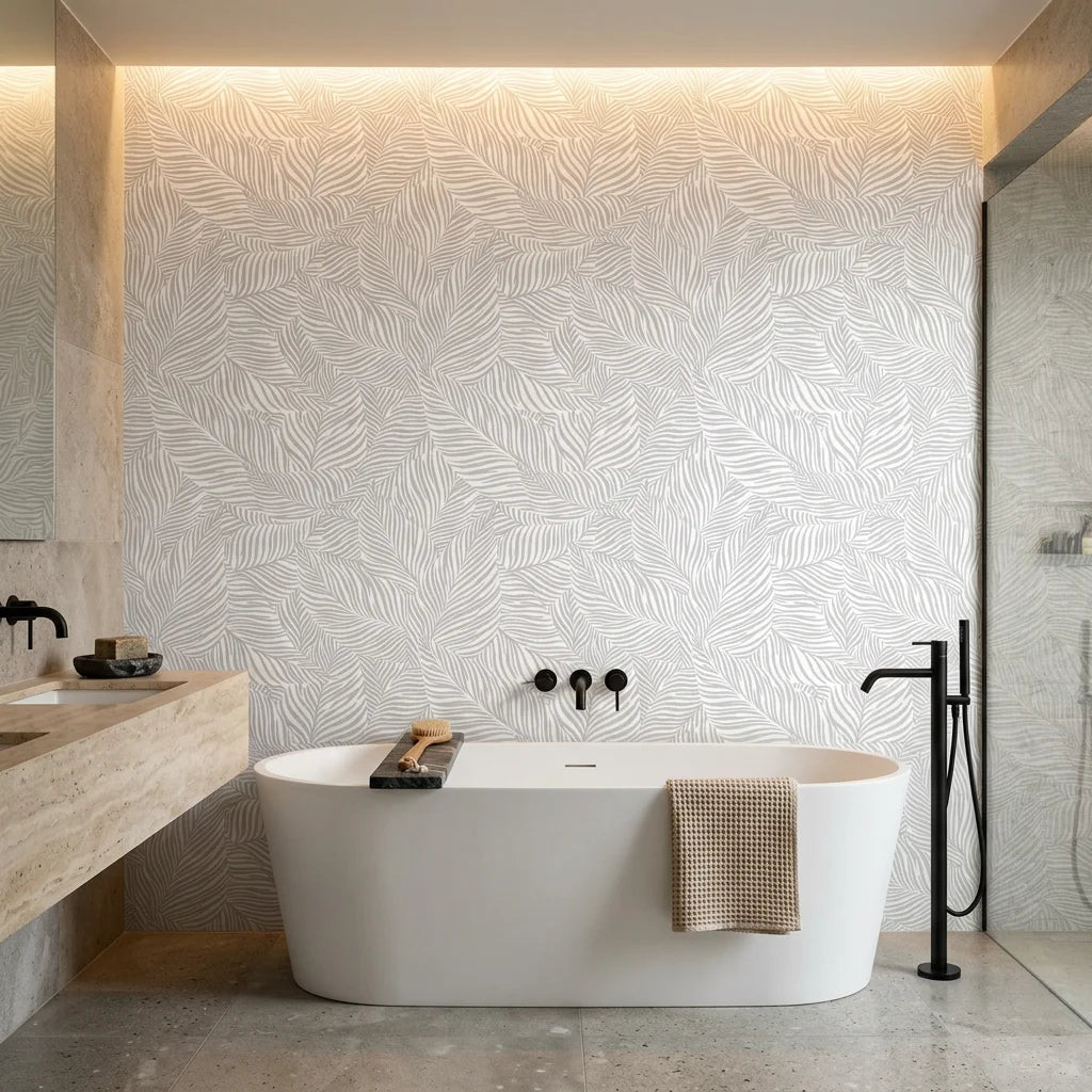 Ghost Fronds pale palm wallpaper creating ambiance in a serene bathroom