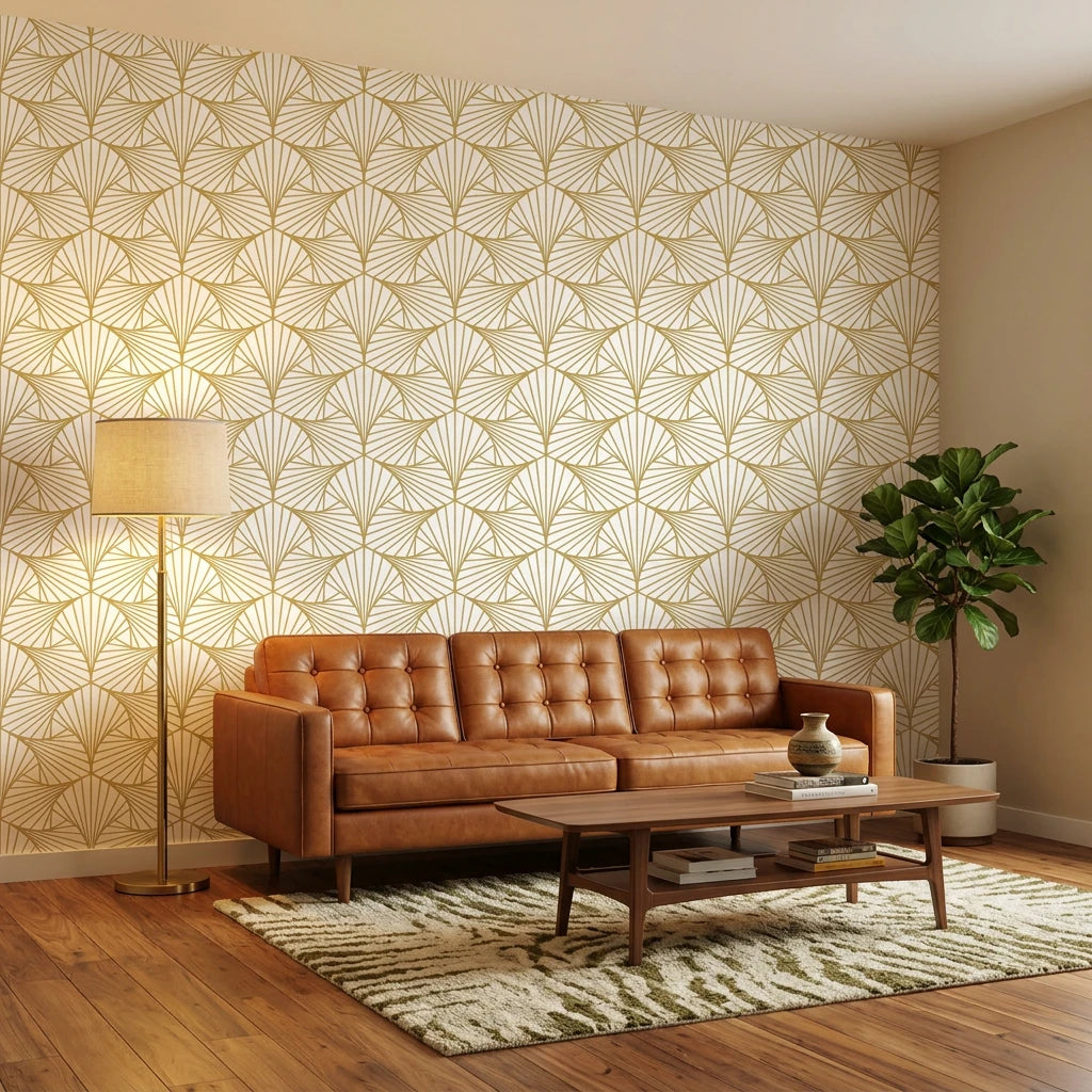 Gilded Arcade elegant gold art deco wallpaper in a warm and inviting living room