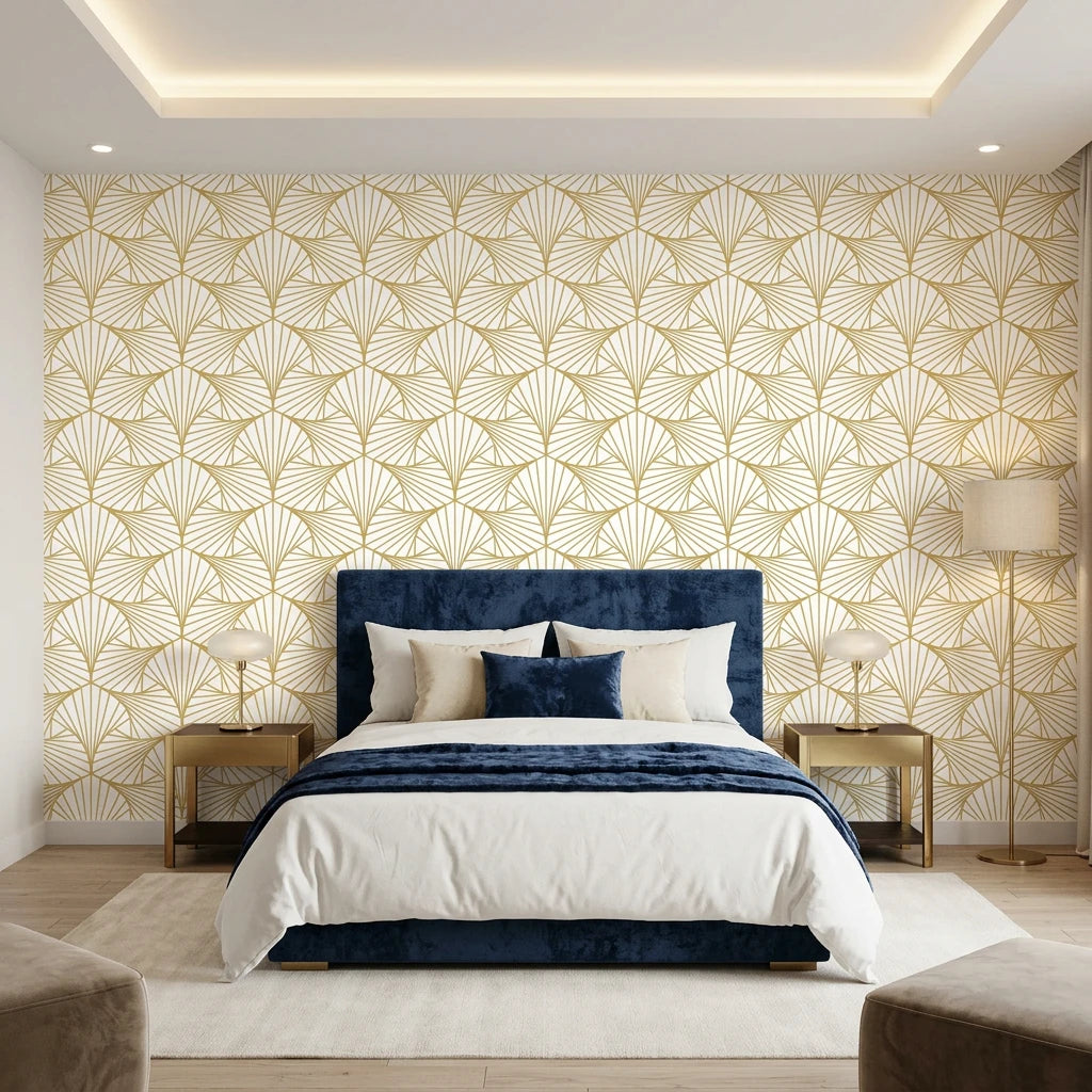 Gilded Arcade elegant gold art deco wallpaper adding character to a cozy bedroom