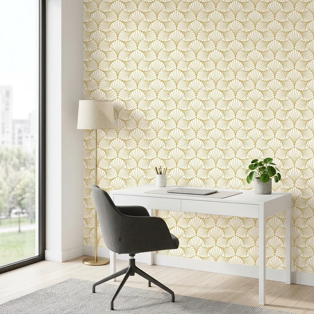 Gilded Arcade elegant gold art deco wallpaper as a feature wall in a bright home office