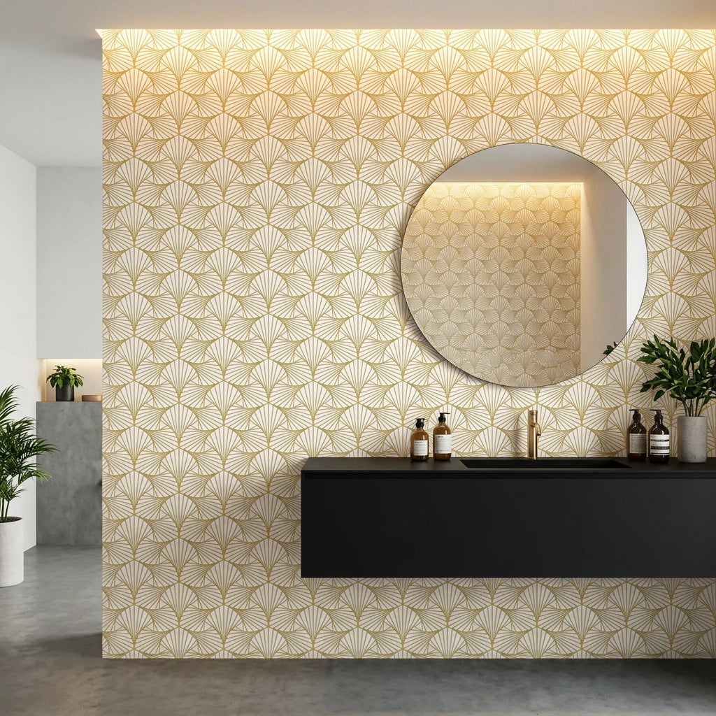 Gilded Arcade elegant gold art deco wallpaper creating ambiance in a serene bathroom