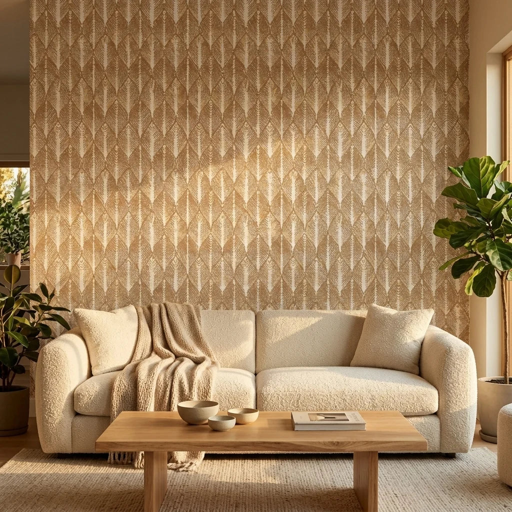 Gilded Bark golden neutral abstract wallpaper in a warm and inviting living room