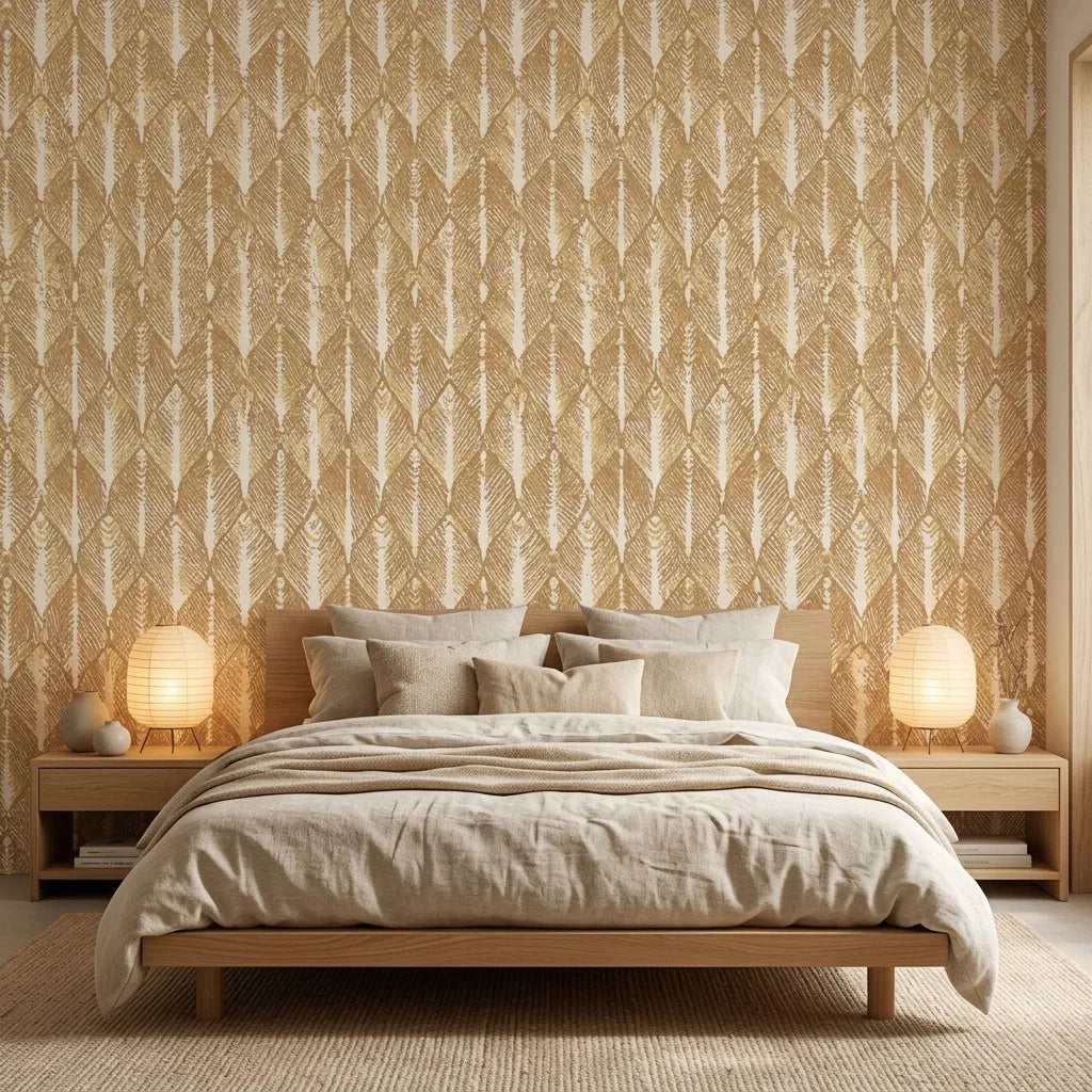 Gilded Bark golden neutral abstract wallpaper adding character to a cozy bedroom