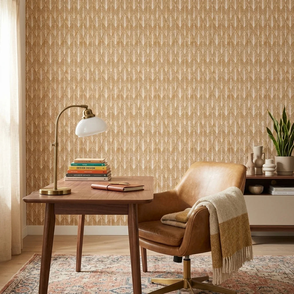 Gilded Bark golden neutral abstract wallpaper as a feature wall in a bright home office