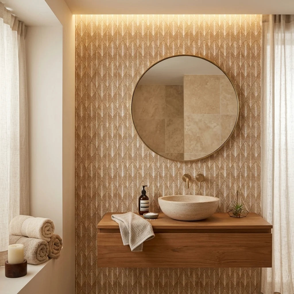 Gilded Bark golden neutral abstract wallpaper creating ambiance in a serene bathroom