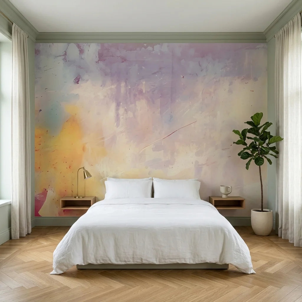 Gilded Blush soft watercolor abstract wallpaper in a warm and inviting living room