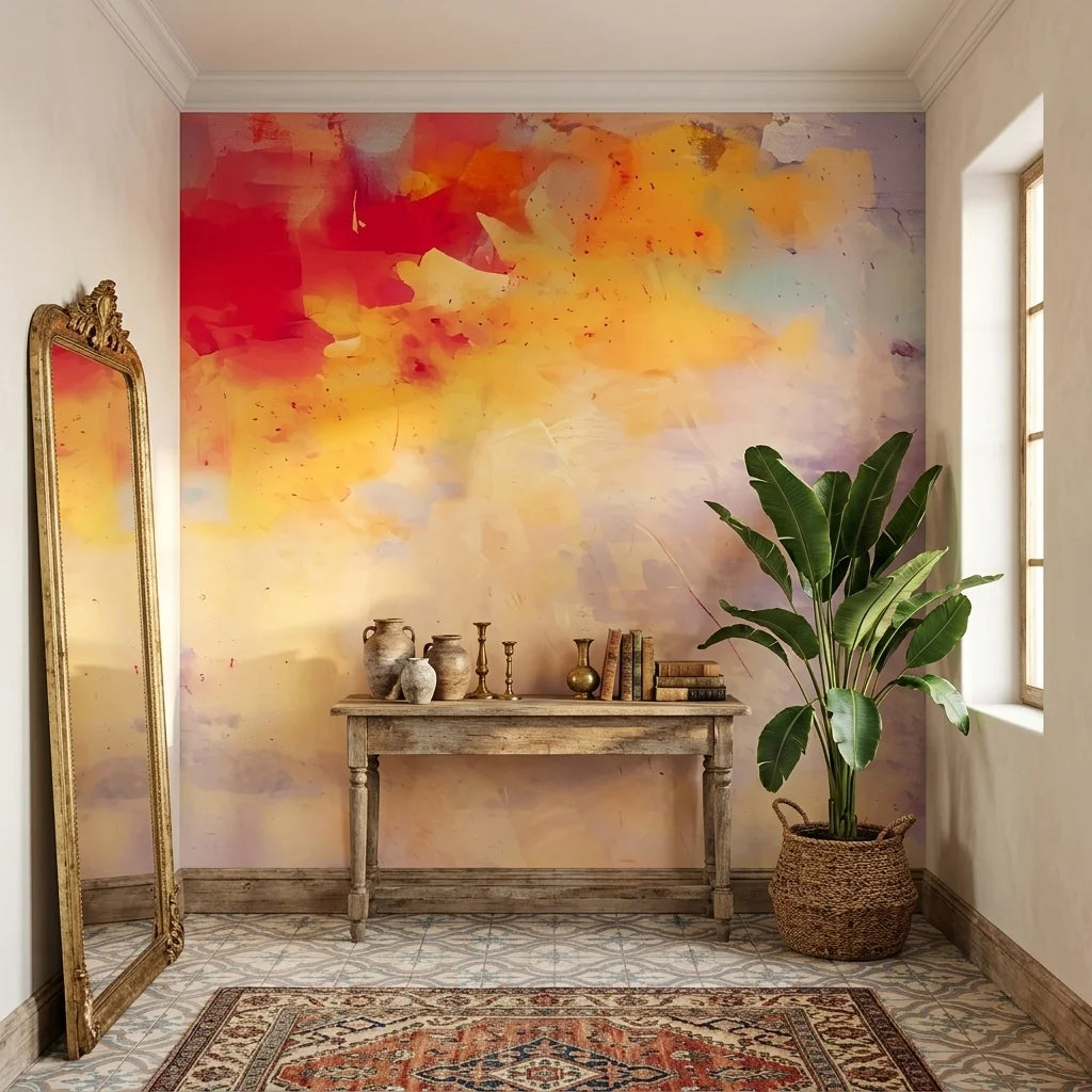 Gilded Blush soft watercolor abstract wallpaper as a feature wall in a bright home office