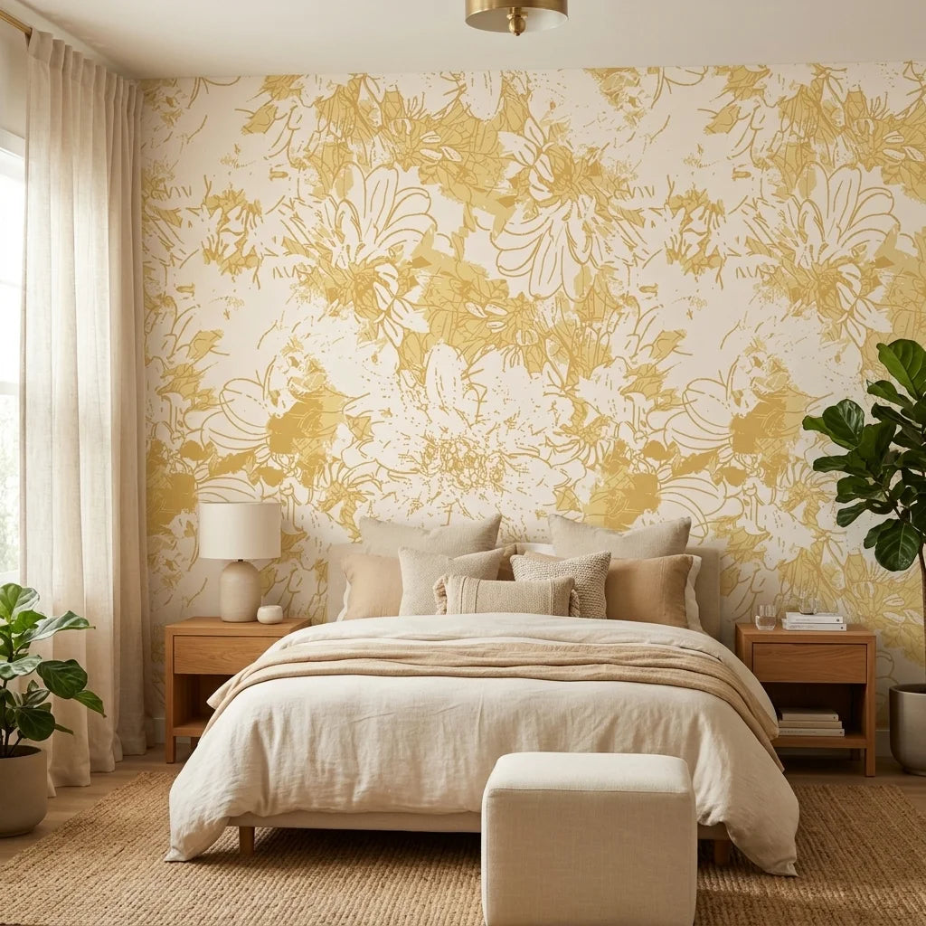 Gilded Bower neutral floral peel and stick wallpaper in a warm and inviting living room
