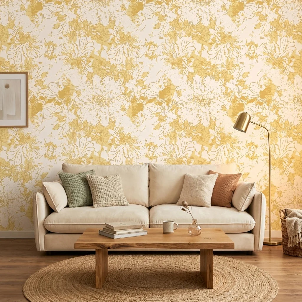 Gilded Bower neutral floral peel and stick wallpaper adding character to a cozy bedroom