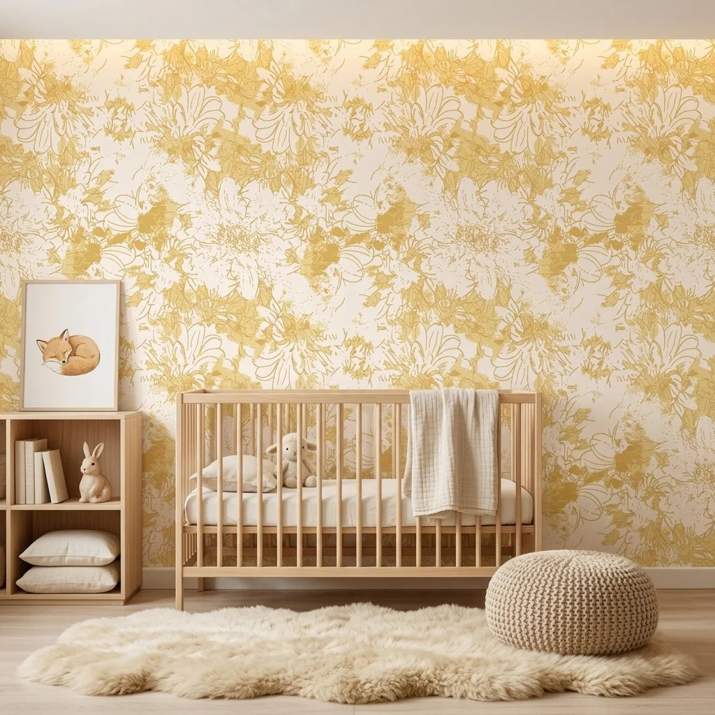Gilded Bower neutral floral peel and stick wallpaper as a feature wall in a bright home office