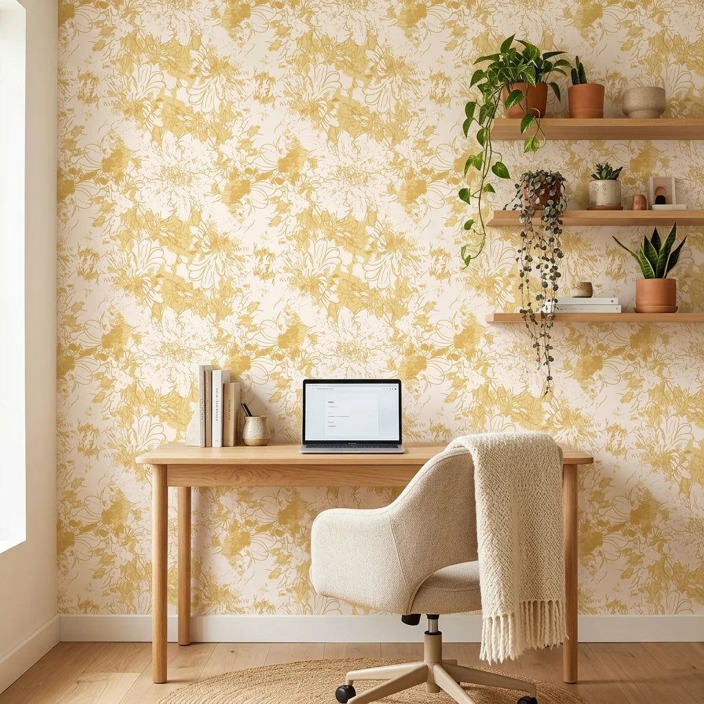 Gilded Bower neutral floral peel and stick wallpaper creating ambiance in a serene bathroom