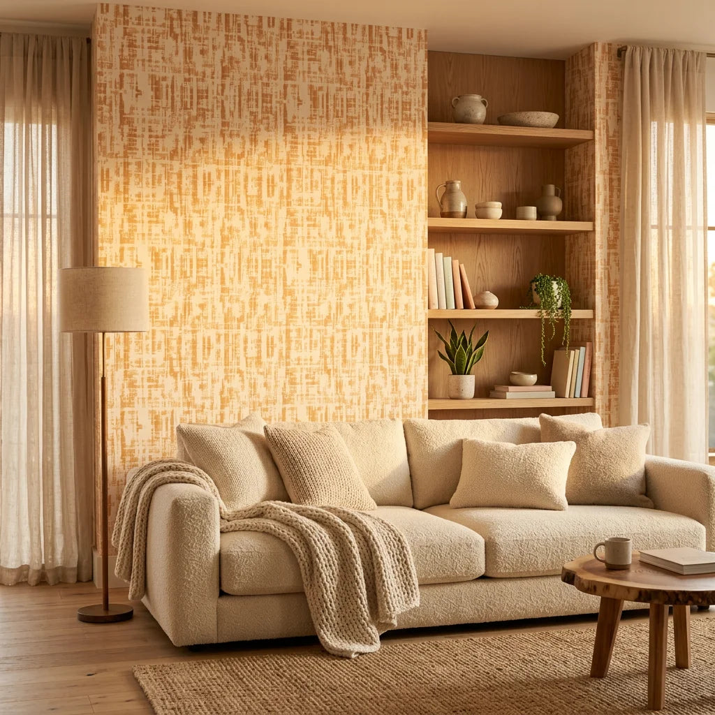 Gilded Brushstroke wallpaper with warm beige geometric pattern on living room accent wall with natural light