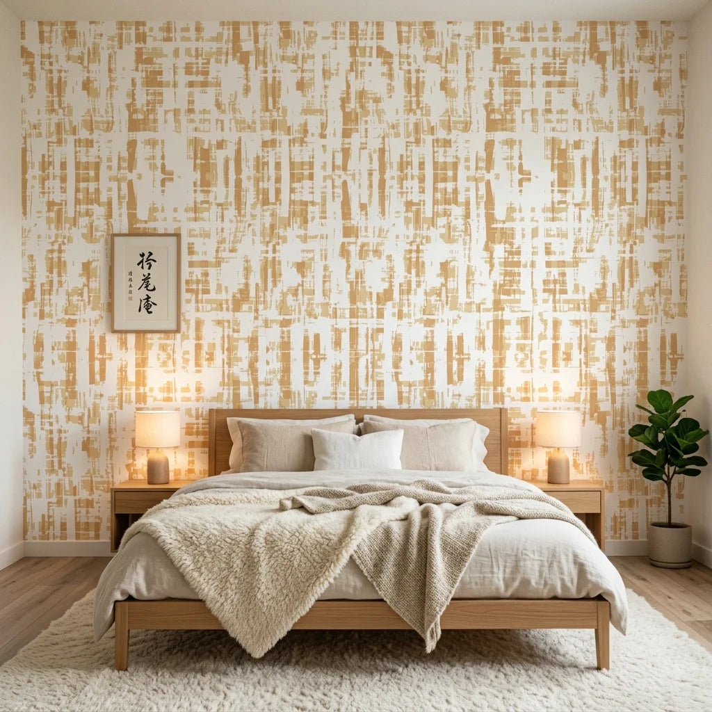 Gilded Brushstroke removable wallpaper with gold geometric pattern on cream background in modern bedroom