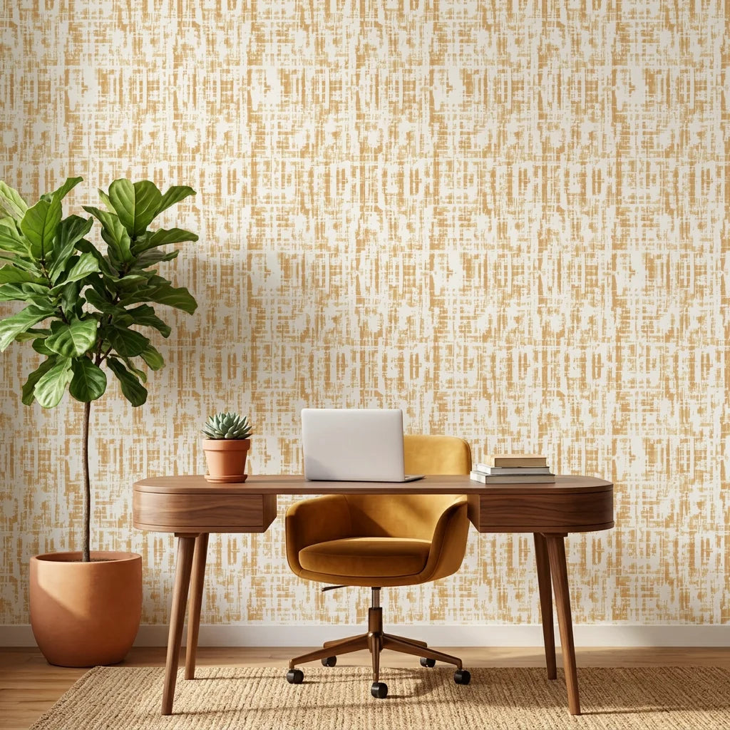 Gilded Brushstroke removable wallpaper in gold and cream tones on modern home office accent wall