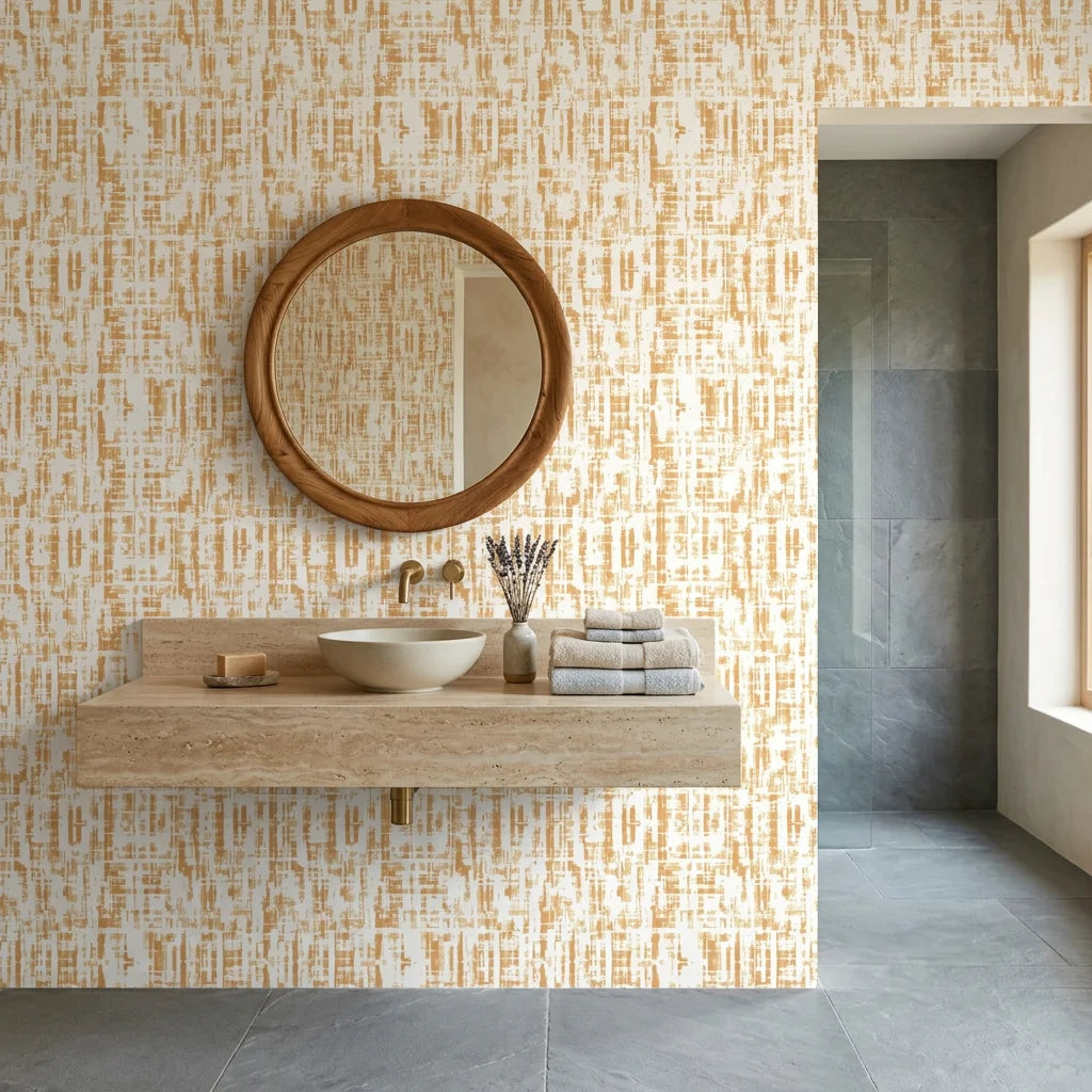 Gold and cream Gilded Brushstroke peel and stick wallpaper in modern spa bathroom with floating vanity