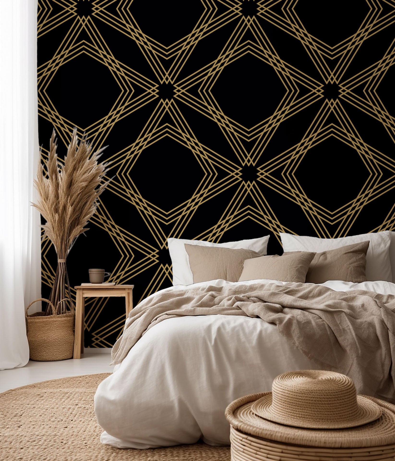 Self-adhesive wallpaper featuring a black and gold geometric diamond trellis pattern (Gilded Cage)