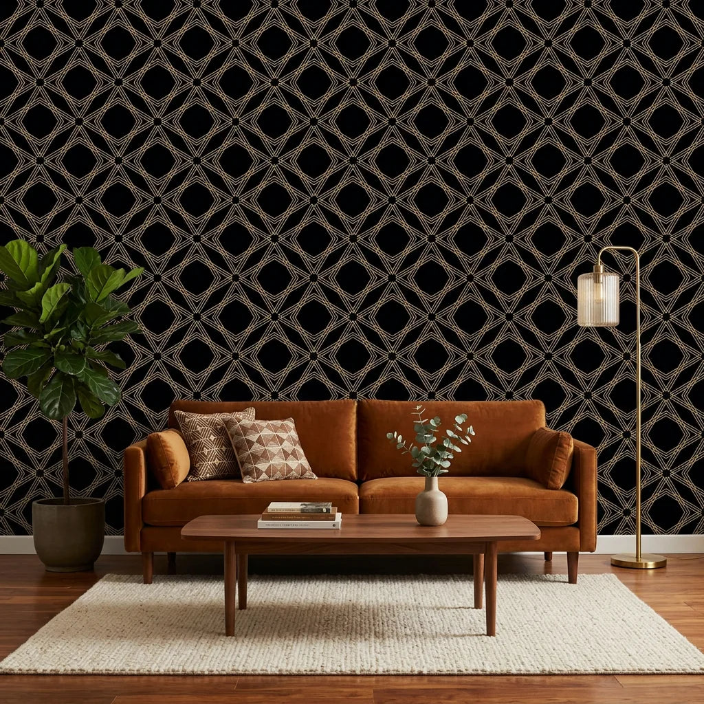 Gilded Cage black and gold geometric diamond trellis wallpaper in a warm and inviting living room