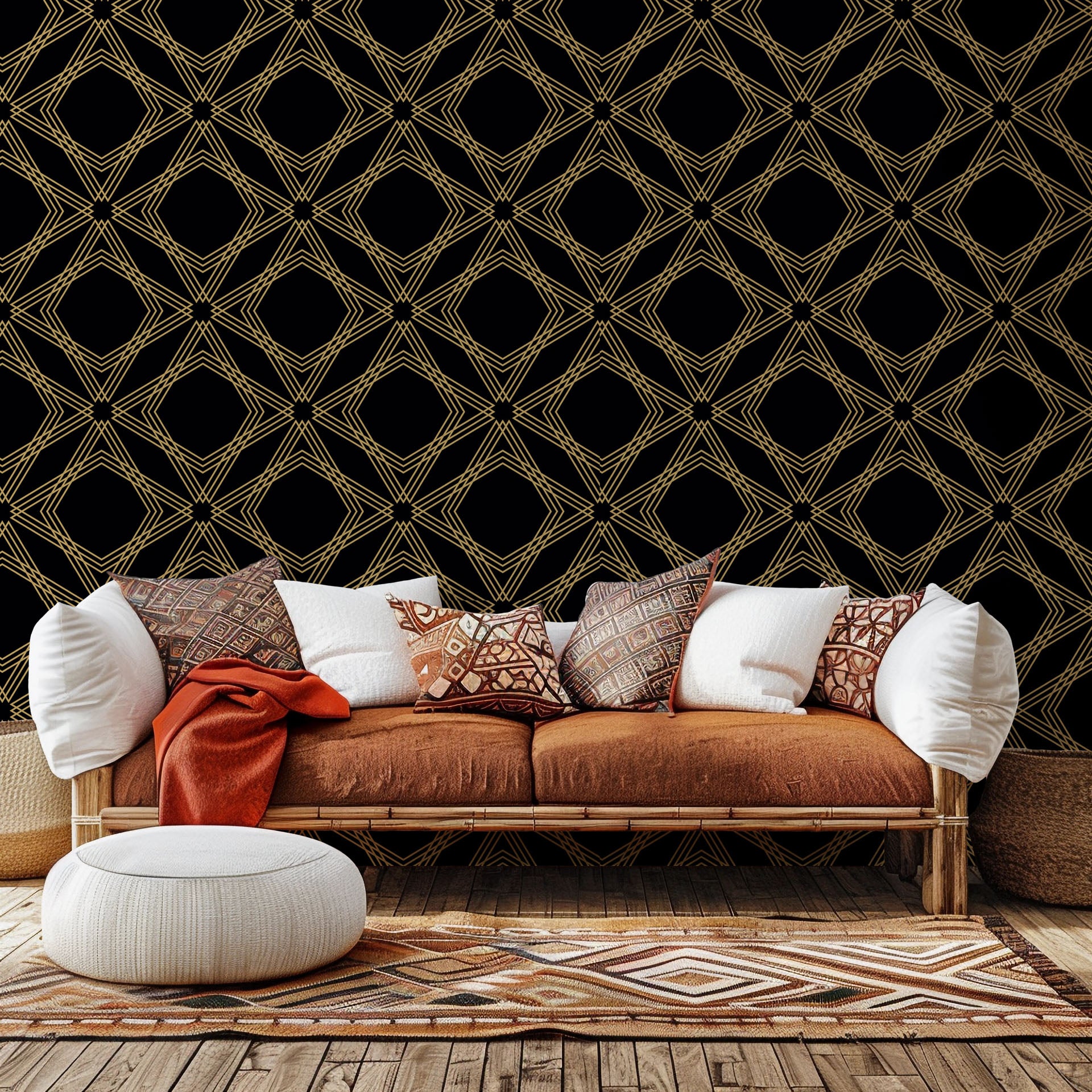 Peel and stick removable wallpaper featuring a black and gold diamond-shaped geometric trellis pattern
