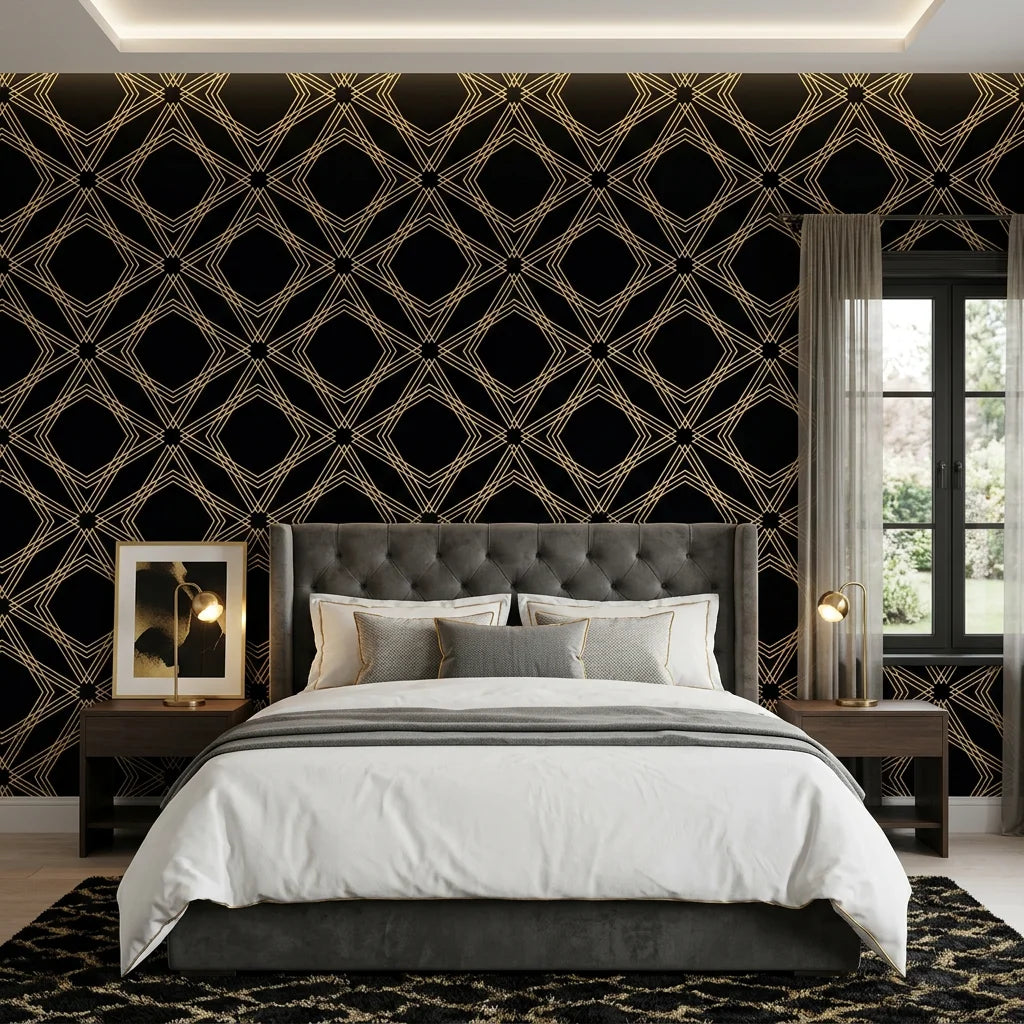 Gilded Cage black and gold geometric diamond trellis wallpaper adding character to a cozy bedroom
