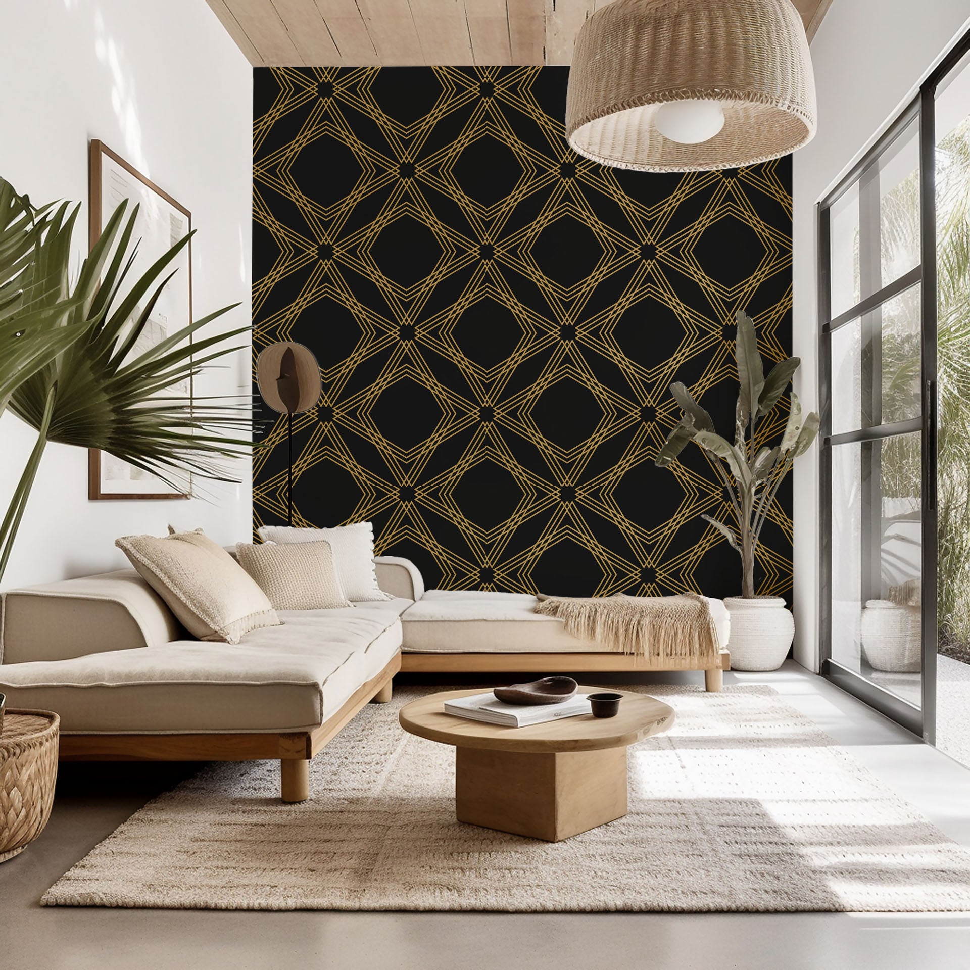 Self-adhesive wallpaper featuring a metallic gold and black diamond geometric trellis pattern.