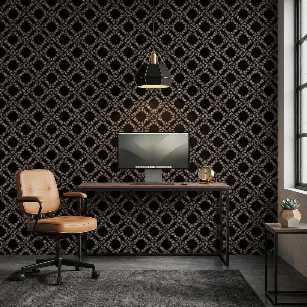 Gilded Cage black and gold geometric diamond trellis wallpaper as a feature wall in a bright home office