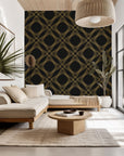 Self-adhesive wallpaper featuring a metallic gold and black diamond geometric trellis pattern.