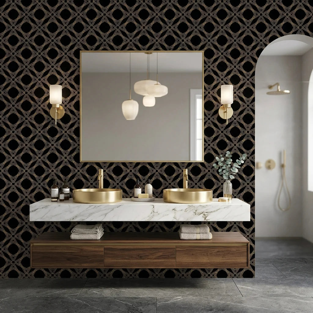 Gilded Cage black and gold geometric diamond trellis wallpaper creating ambiance in a serene bathroom