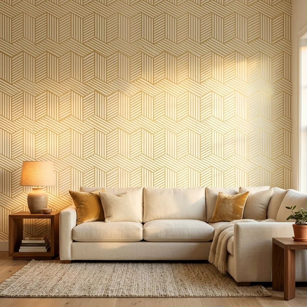 Gilded Corner bold gold and white geometric stripe mural wallpaper creating ambiance in a serene bathroom