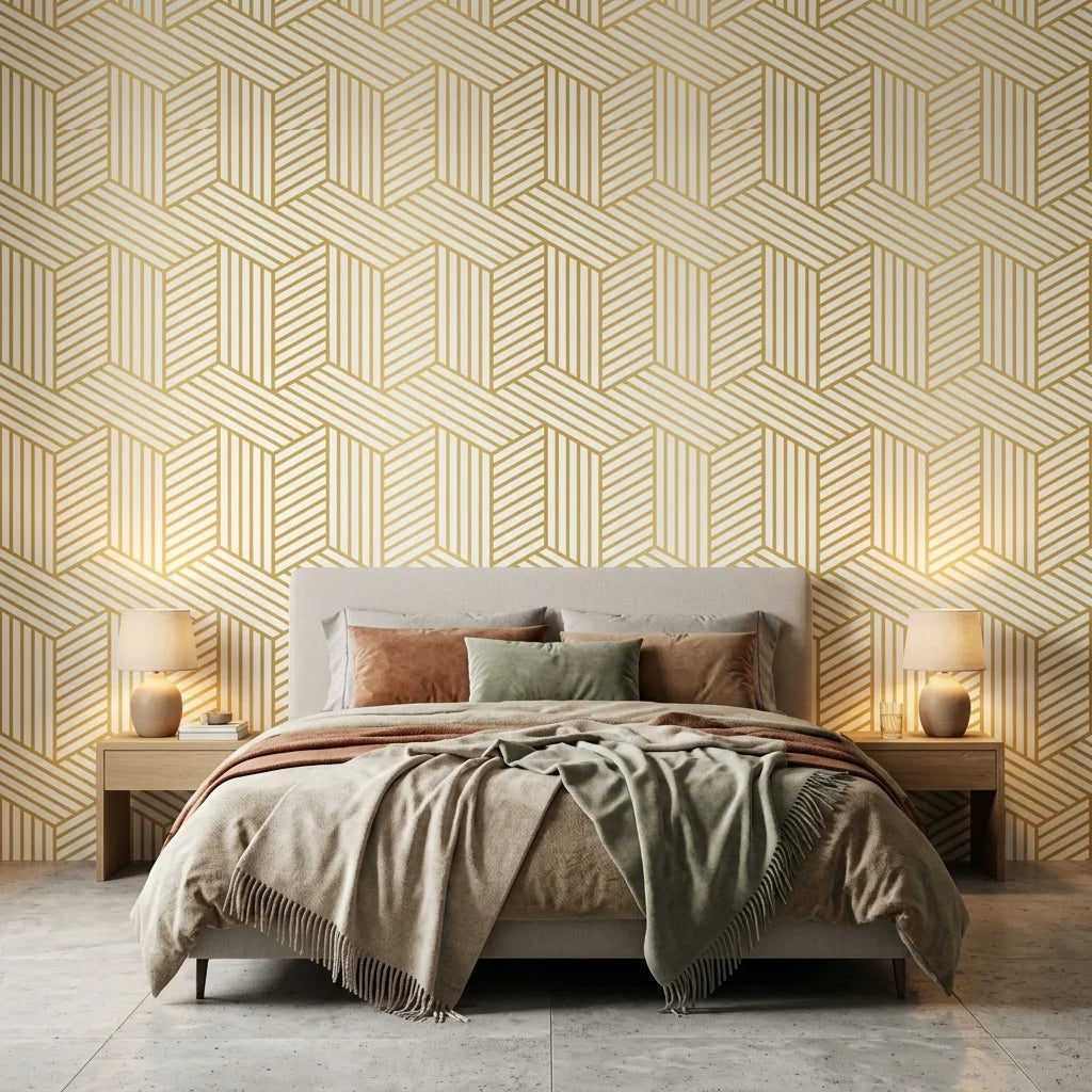 Gilded Corner bold gold and white geometric stripe mural wallpaper in a warm and inviting living room