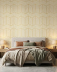Gilded Corner bold gold and white geometric stripe mural wallpaper in a warm and inviting living room