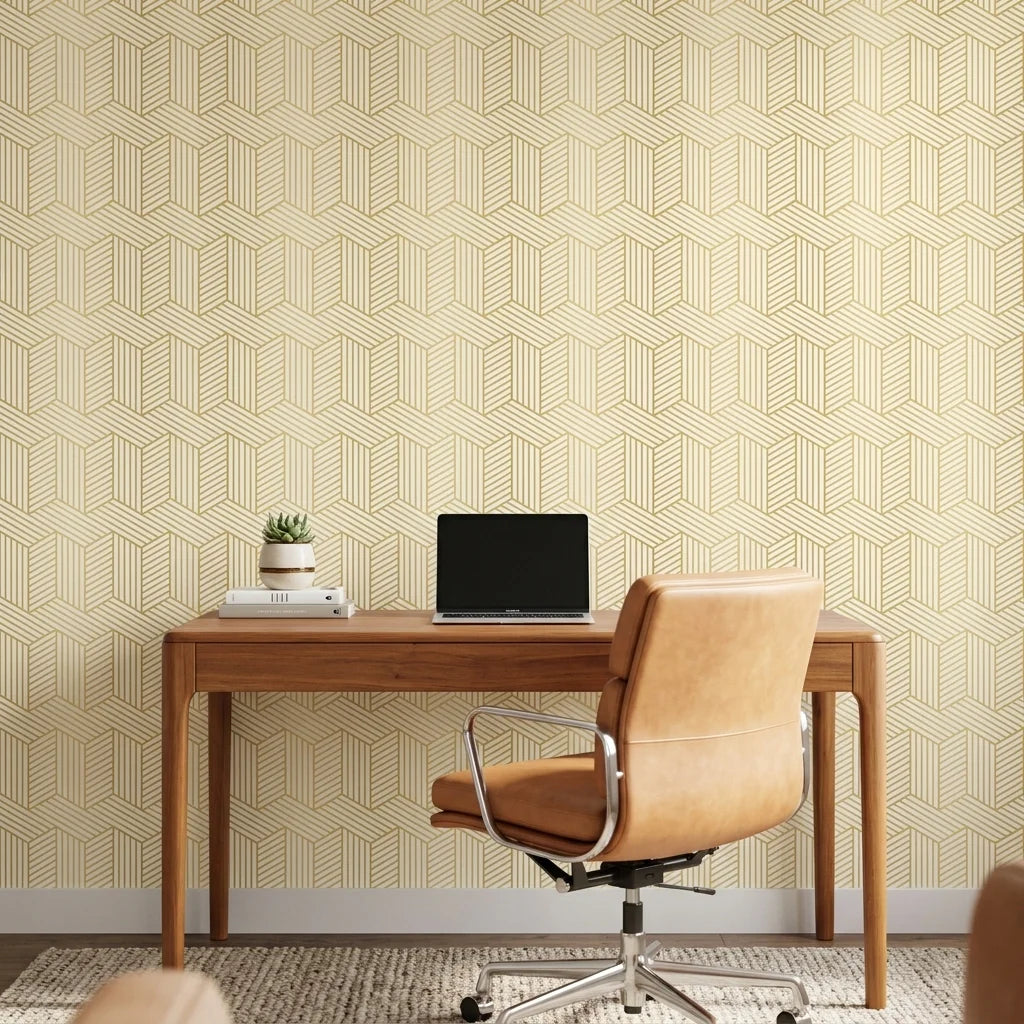 Gilded Corner bold gold and white geometric stripe mural wallpaper adding character to a cozy bedroom
