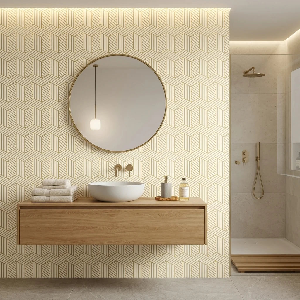 Gilded Corner bold gold and white geometric stripe mural wallpaper as a feature wall in a bright home office