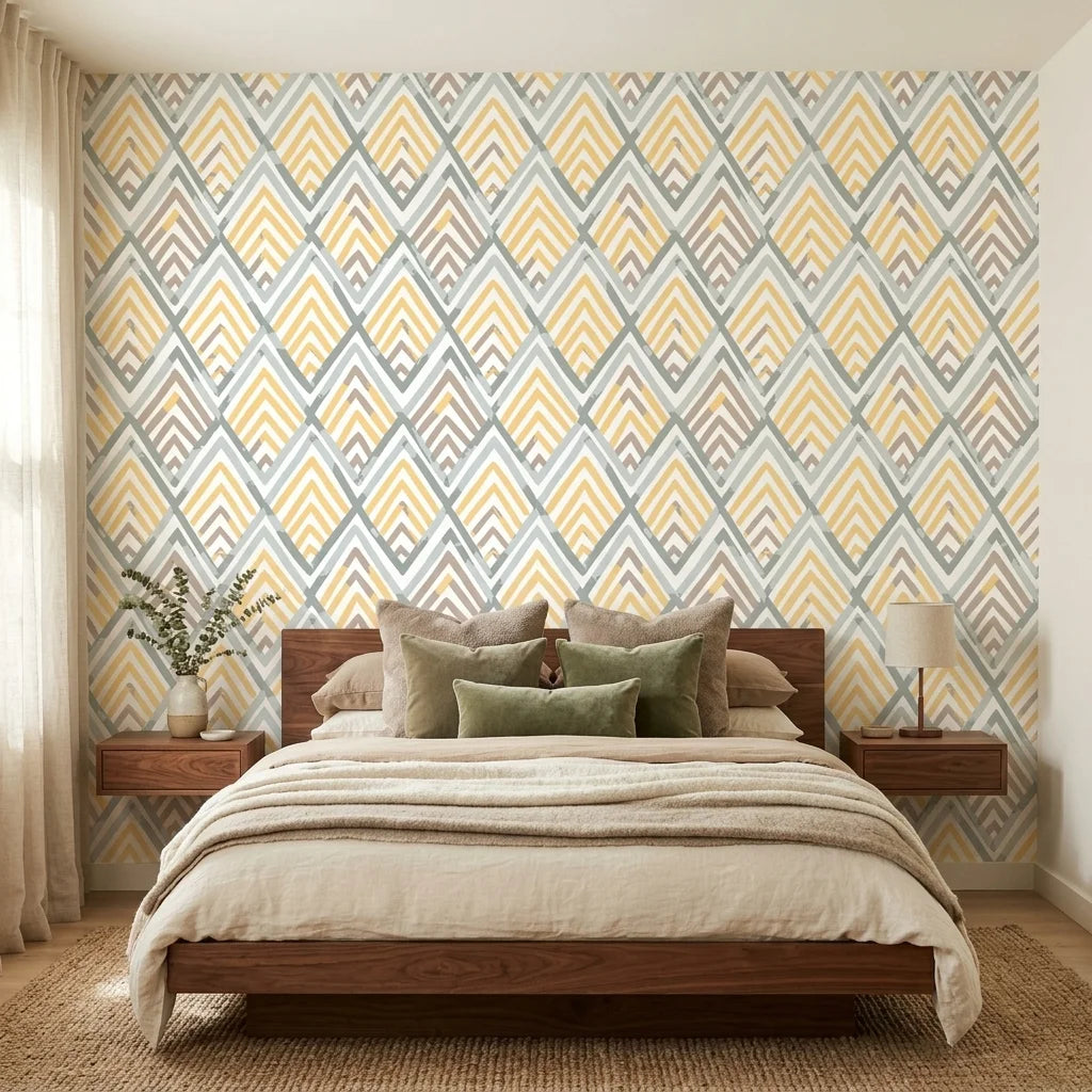 Gilded Crossing neutral geometric peel and stick wallpaper adding character to a cozy bedroom