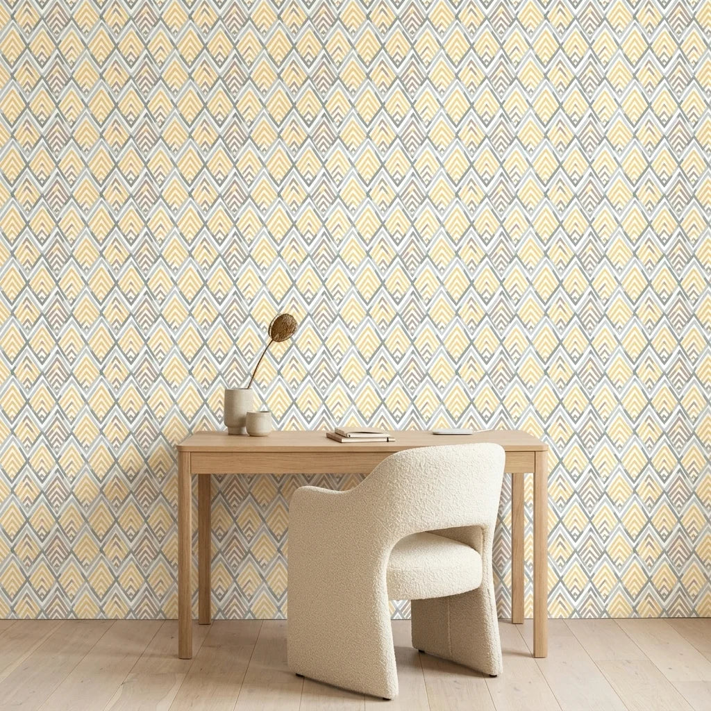 Gilded Crossing neutral geometric peel and stick wallpaper as a feature wall in a bright home office