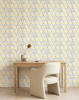 Gilded Crossing neutral geometric peel and stick wallpaper as a feature wall in a bright home office