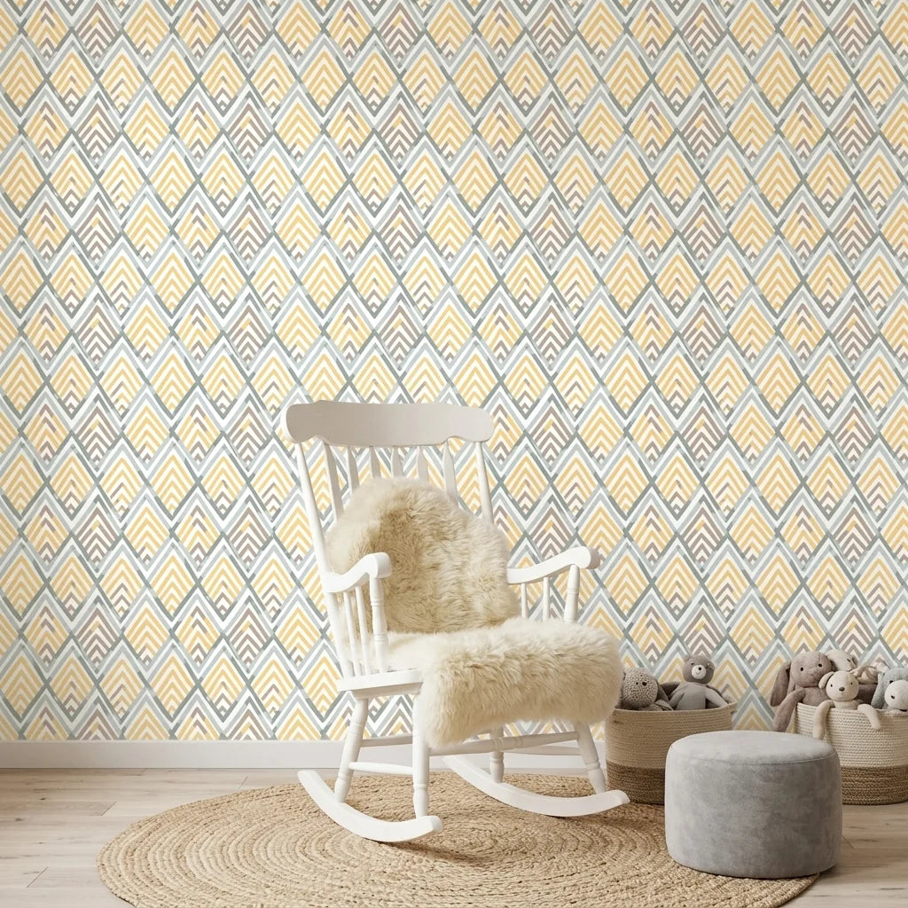 Gilded Crossing neutral geometric peel and stick wallpaper bringing warmth to a peaceful nursery