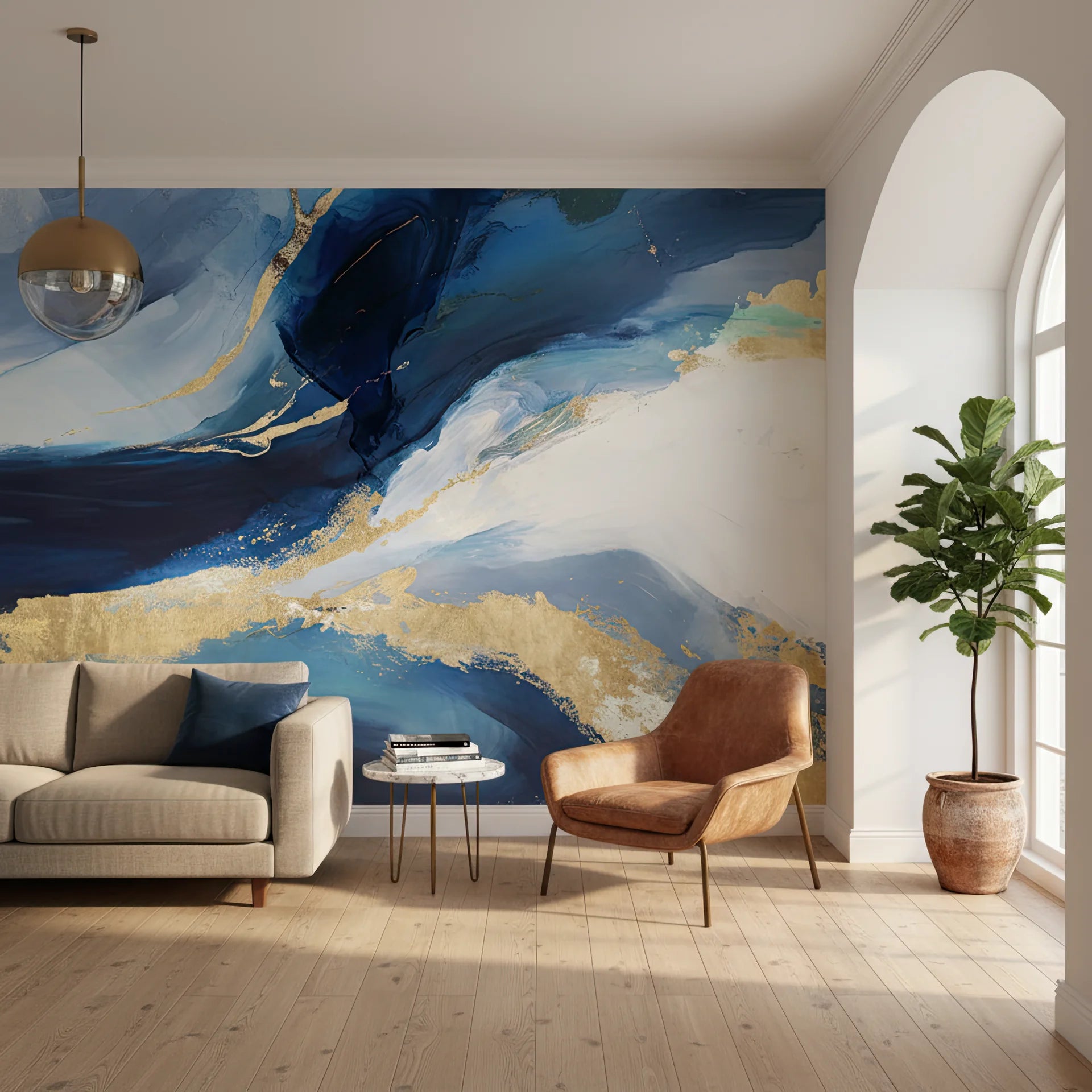 Navy blue peel and stick wallpaper with metallic gold accents