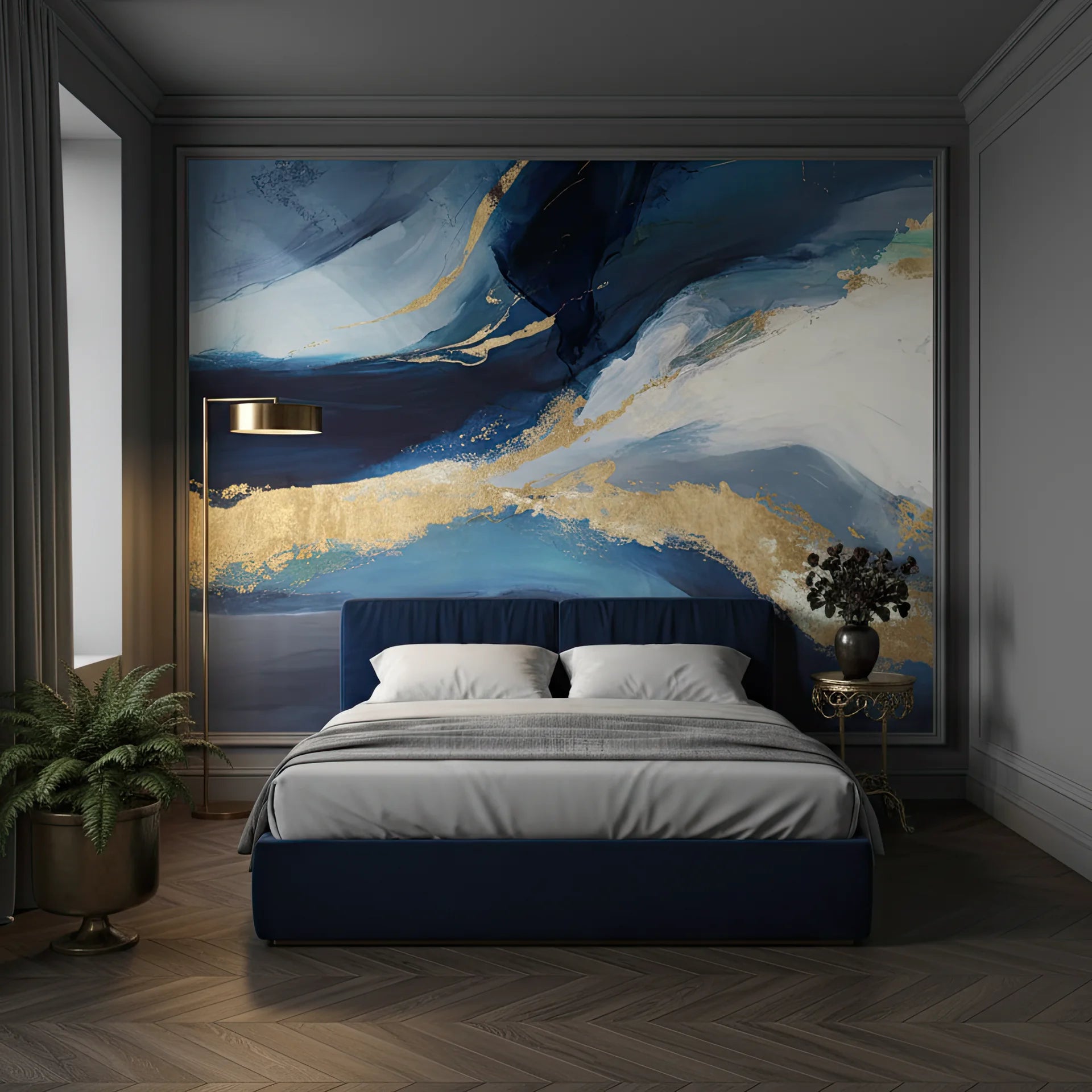 Dark blue wall covering featuring gold highlights and flowing design