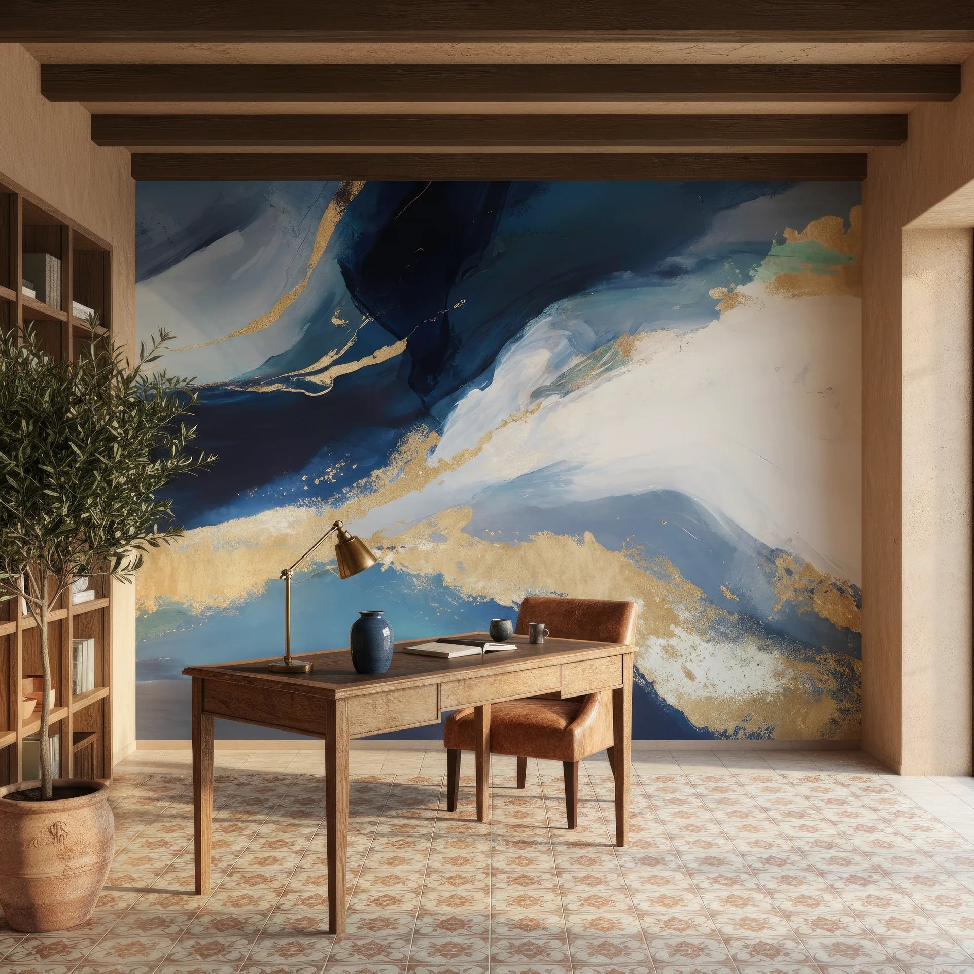 Navy and gold wallpaper sample with sophisticated metallic finish