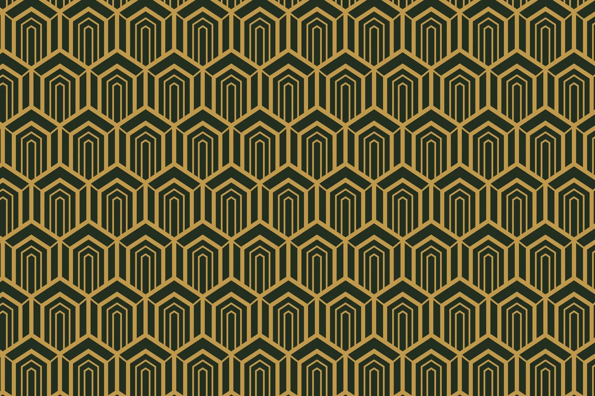 Gilded Fortress dark green and gold geometric art deco wallpaper