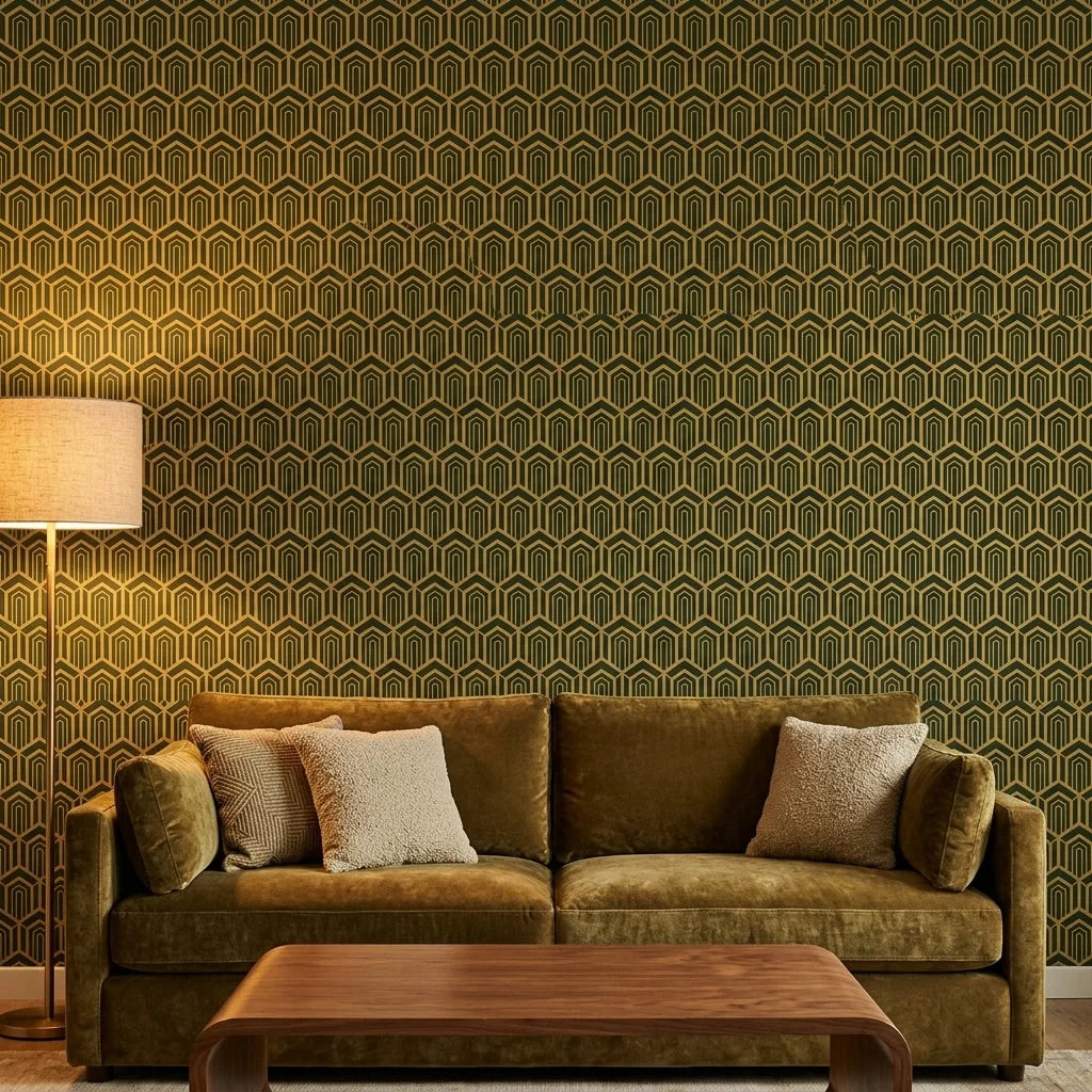 Gilded Fortress dark green and gold geometric art deco wallpaper creating ambiance in a serene bathroom