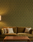 Gilded Fortress dark green and gold geometric art deco wallpaper creating ambiance in a serene bathroom