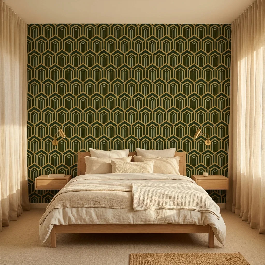 Gilded Fortress dark green and gold geometric art deco wallpaper in a warm and inviting living room