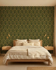 Gilded Fortress dark green and gold geometric art deco wallpaper in a warm and inviting living room