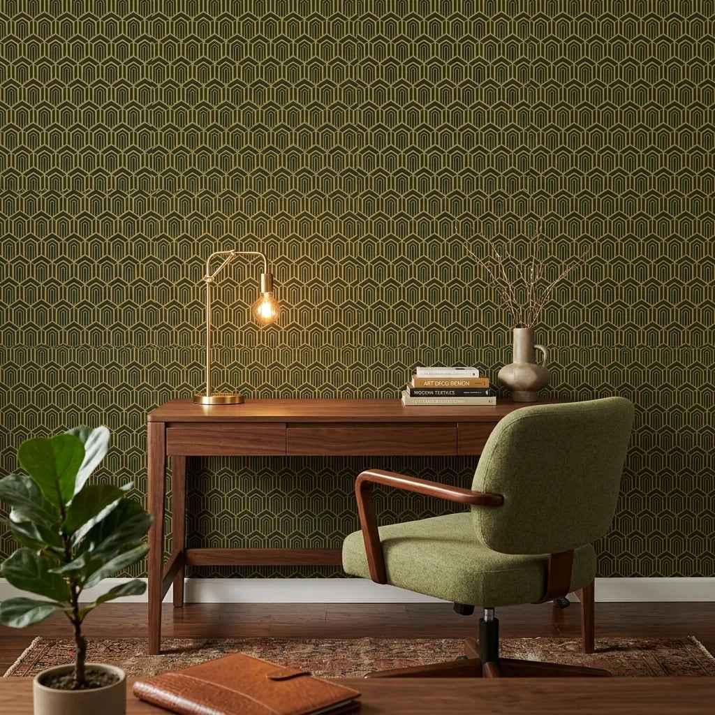 Gilded Fortress dark green and gold geometric art deco wallpaper adding character to a cozy bedroom
