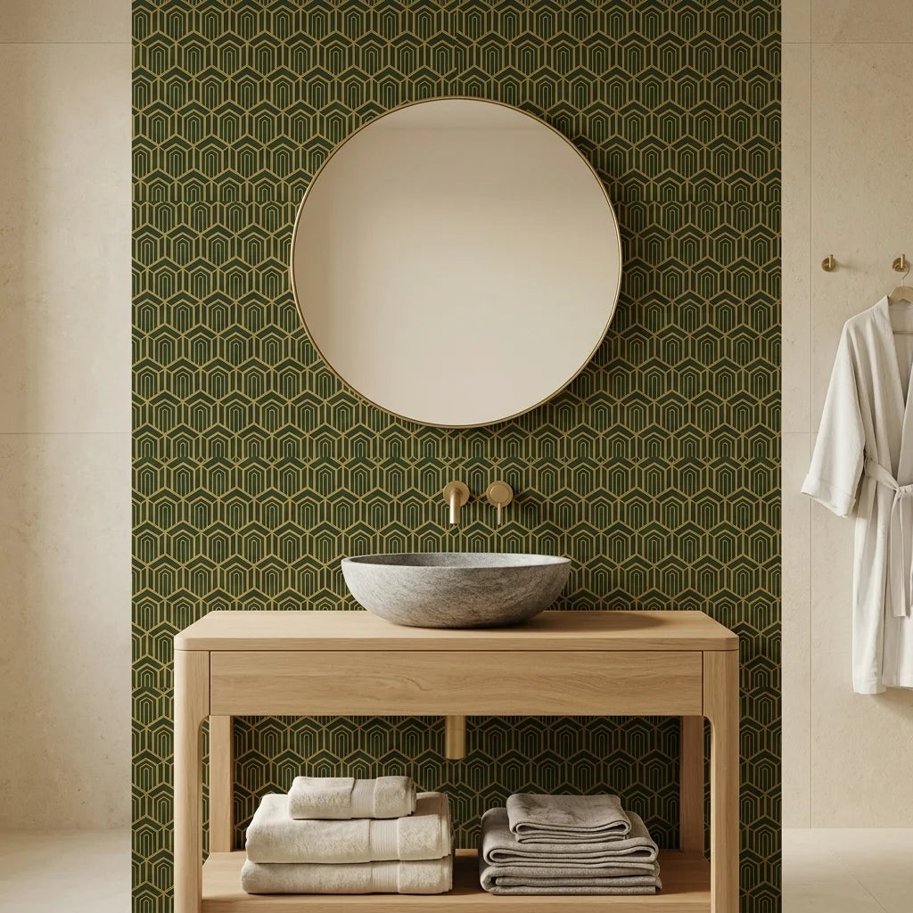 Gilded Fortress dark green and gold geometric art deco wallpaper as a feature wall in a bright home office