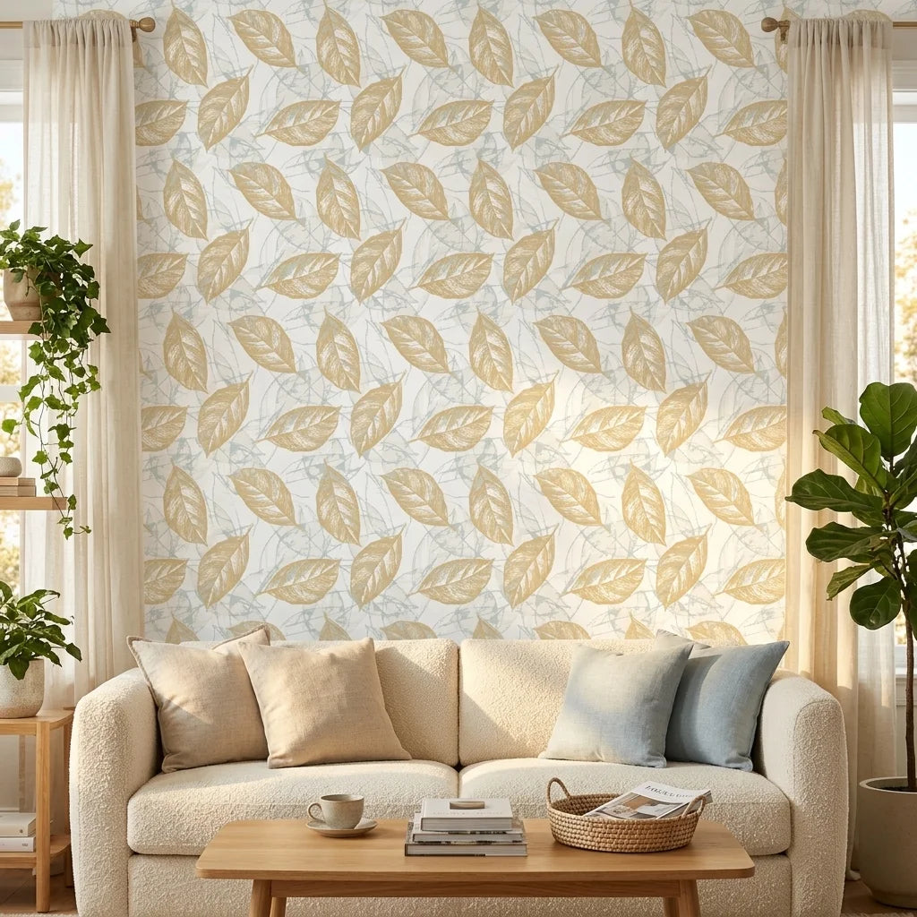 Gilded Frond neutral botanical peel and stick wallpaper in a warm and inviting living room