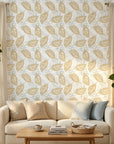 Gilded Frond neutral botanical peel and stick wallpaper in a warm and inviting living room